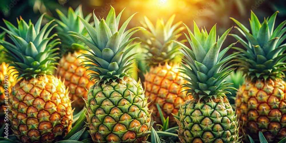 Fresh Pineapples: Vibrant Group of Tropical Fruits with Lush Green Leaves Fresh Pineapples: Vibrant Group of Tropical Fruits with Lush Green Leaves