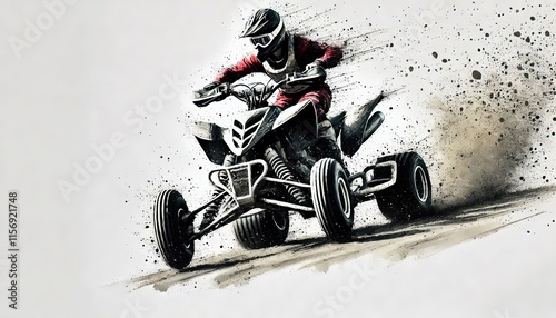 Action shot of an ATV in a sharp turn, ATV Racing female athlete in watercolour painting in minimalist white background, photo