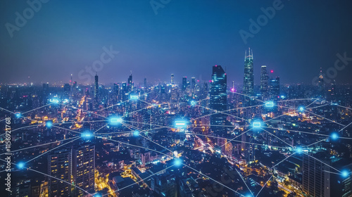 Wallpaper Mural Smart digital Innovation city with connection network reciprocity over the cityscape. of future smart wireless digital city and social media networking systems that connects people with in city Torontodigital.ca