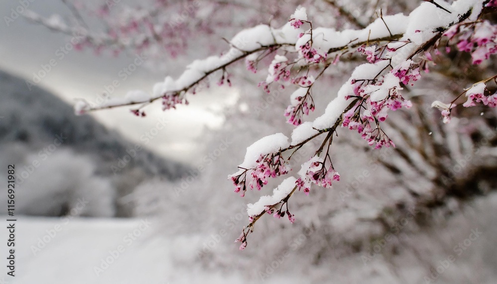 Snow-covered branches with tiny pink flowers against a white landscape Snow-covered branches with tiny pink flowers against a white landscape