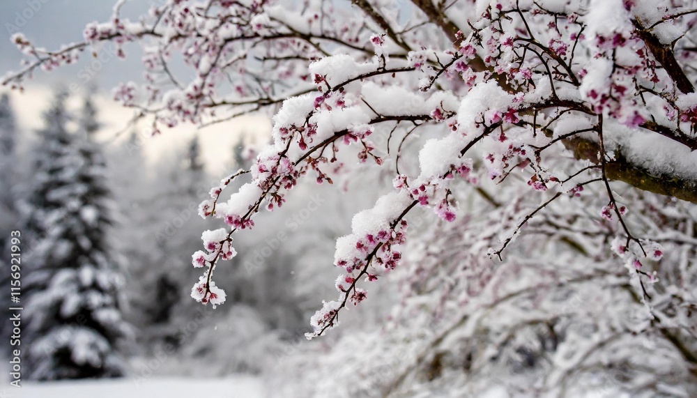 Snow-covered branches with tiny pink flowers against a white landscape Snow-covered branches with tiny pink flowers against a white landscape