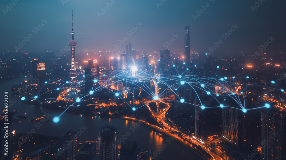 Fototapeta premium Smart digital Innovation city with connection network reciprocity over the cityscape. of future smart wireless digital city and social media networking systems that connects people with in city