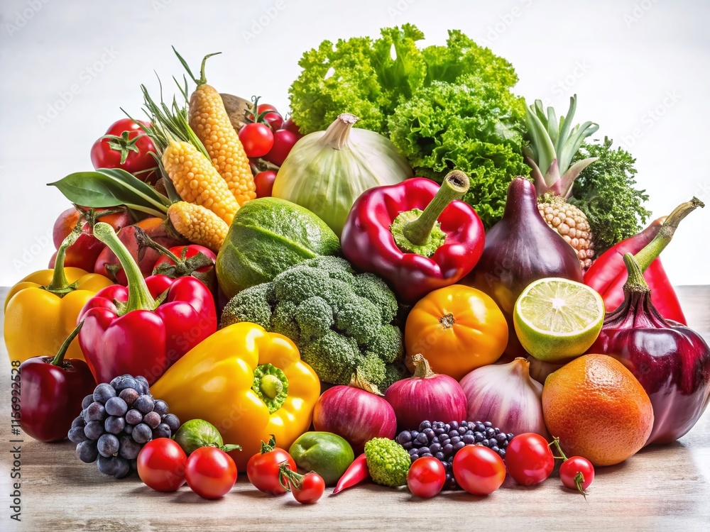 Fresh Vibrant Vegetables & Fruits Harvest Bounty White Background Stock Photo Fresh Vibrant Vegetables & Fruits Harvest Bounty White Background Stock Photo
