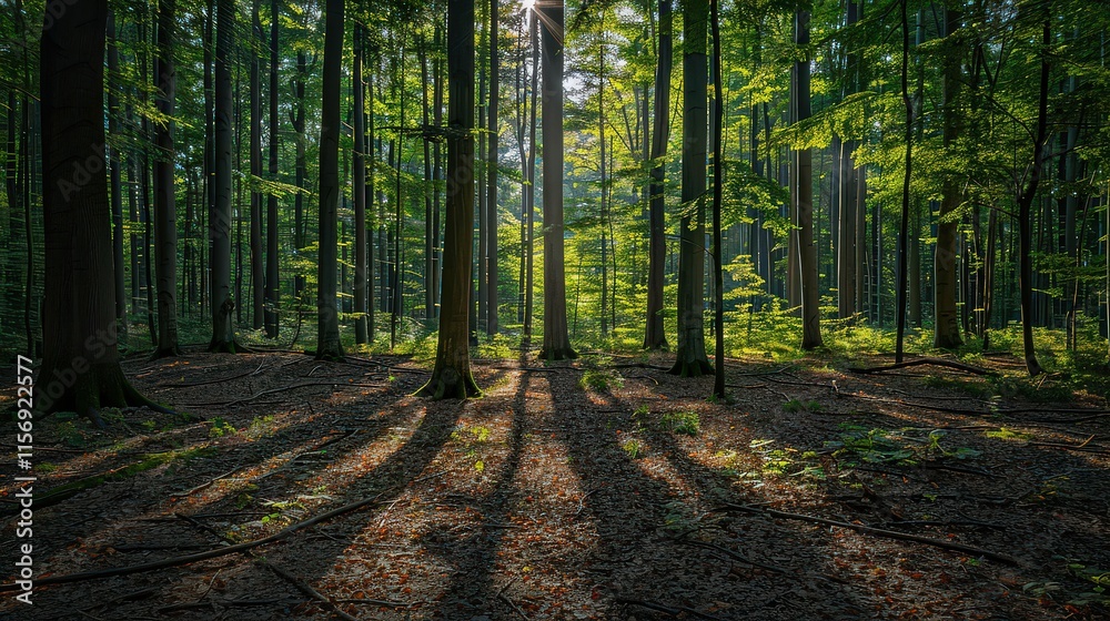 Fototapeta premium Shadows cast by towering trees, weaving intricate patterns on the forest floor in dappled sunlight. 