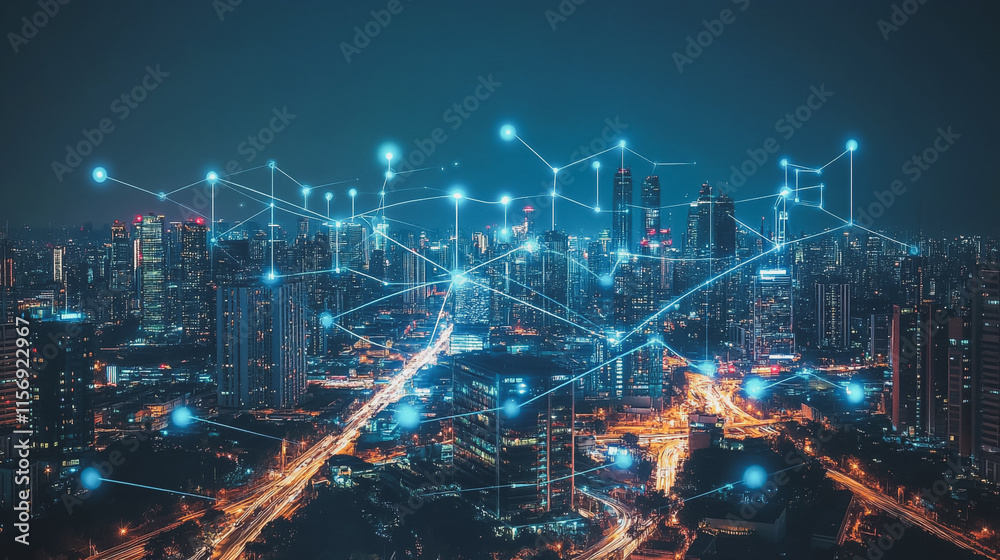 Fototapeta premium Smart digital Innovation city with connection network reciprocity over the cityscape. of future smart wireless digital city and social media networking systems that connects people with in city