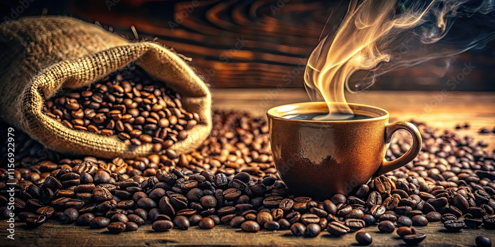 Naklejka premium Steaming cup, vintage coffee beans: a retro coffee shop still life, perfectly framed.