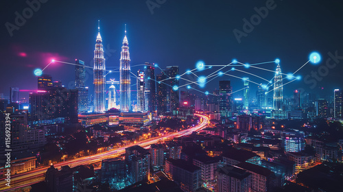 Wallpaper Mural Smart digital Innovation city with connection network reciprocity over the cityscape. of future smart wireless digital city and social media networking systems that connects people with in city Torontodigital.ca