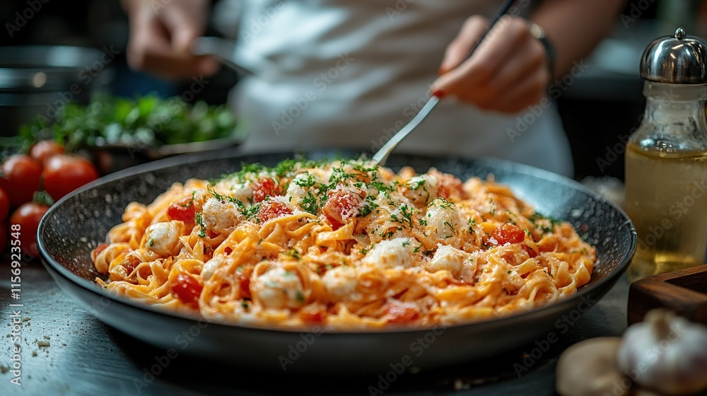 A close-up of a delicious pasta dish garnished with herbs and fresh tomatoes.