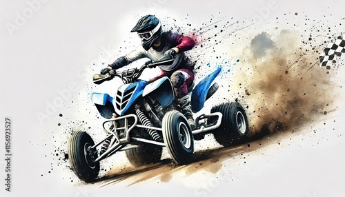 Action shot of an ATV in a sharp turn, ATV Racing female athlete in watercolour painting in minimalist white background, photo