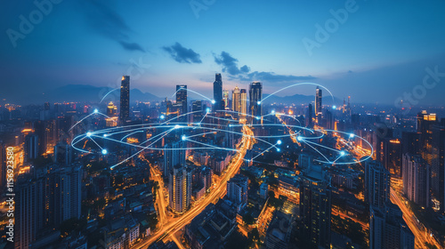 Wallpaper Mural Smart digital Innovation city with connection network reciprocity over the cityscape. of future smart wireless digital city and social media networking systems that connects people with in city Torontodigital.ca