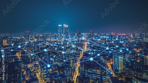 Smart digital Innovation city with connection network reciprocity over the cityscape. of future smart wireless digital city and social media networking systems that connects people with in city