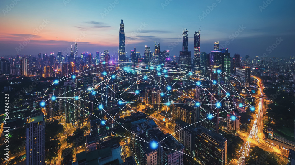 Fototapeta premium Smart digital Innovation city with connection network reciprocity over the cityscape. of future smart wireless digital city and social media networking systems that connects people with in city