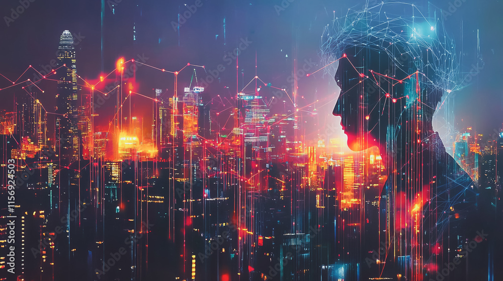 Naklejka premium Smart digital Innovation city with connection network reciprocity over the cityscape. of future smart wireless digital city and social media networking systems that connects people with in city