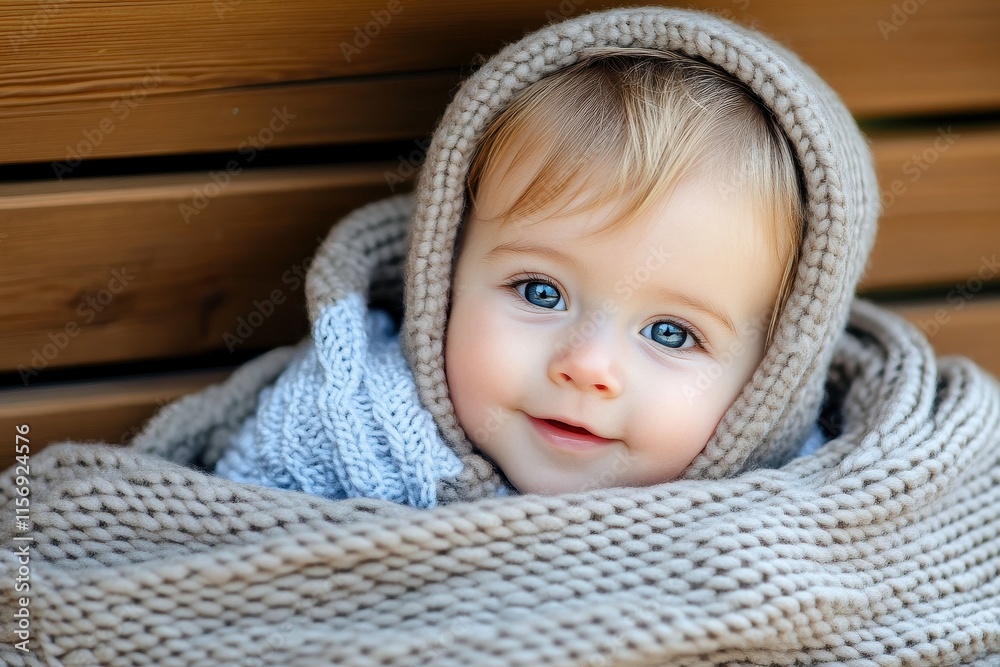 Adorable Baby Wrapped in Cozy Knitted Blanket with Big Bright Eyes and Soft Smile, Perfect for Family and Childhood Themes in Stock Photography Adorable Baby Wrapped in Cozy Knitted Blanket with Big Bright Eyes and Soft Smile, Perfect for Family and Childhood Themes in Stock Photography