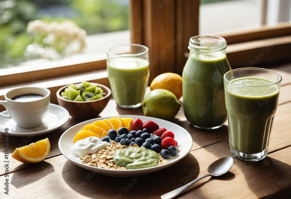 healthy breakfast with juice and yoghurt healthy breakfast with juice and yoghurt
