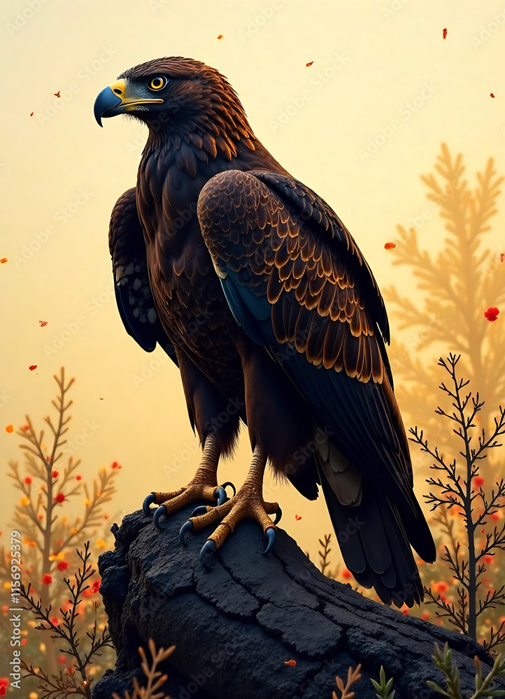 Fototapeta premium Eagle, hawk bird silhouette in bohemian, boho, nature illustration