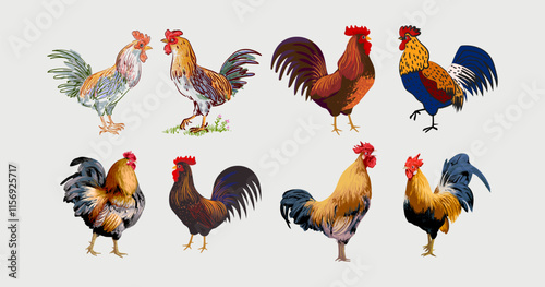 Hand drawing chicken, rooster, hen poultry farm animal collection element vector illustration. Sketch, hand drawn isolated on white background.