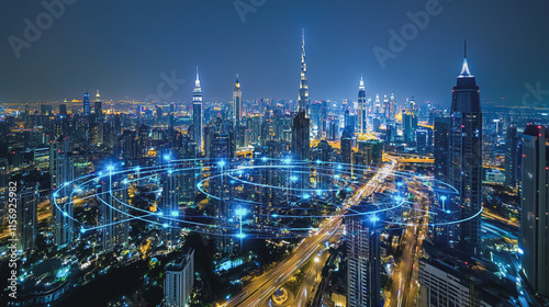 Wallpaper Mural Smart digital Innovation city with connection network reciprocity over the cityscape. of future smart wireless digital city and social media networking systems that connects people with in city Torontodigital.ca