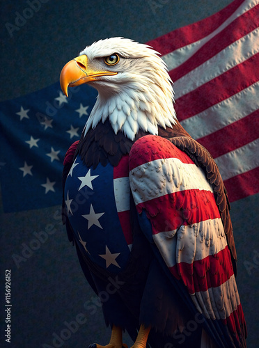 A painting of an usa flag colored eagle with a flag painted on its wings, AI photo