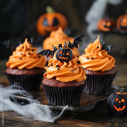 Halloween cupcakes with orange frosting, bats, and jack-o'-lanterns. photo