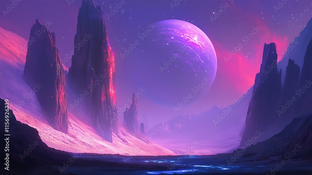 Fototapeta premium Stunning Digital Painting: Dreamlike Alien Planet Rising Over Mysterious Mountains. AI Generated