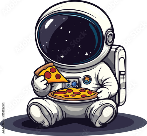 Cute Astronaut eating pizza on the planet Victor on white background