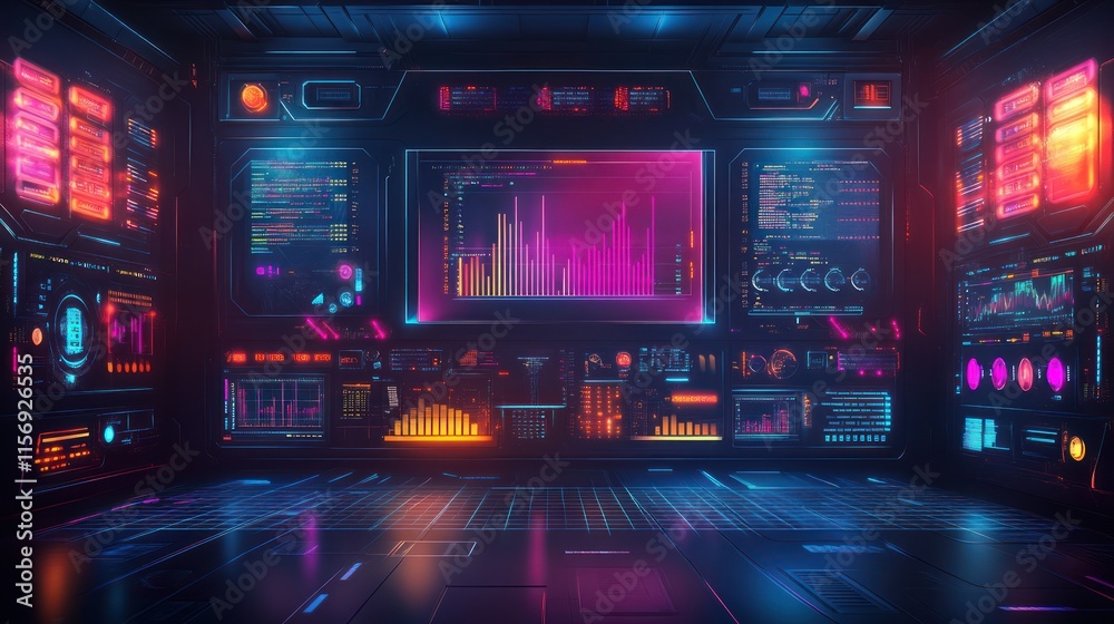 Futuristic control room with vibrant displays showing data and graphs. Futuristic control room with vibrant displays showing data and graphs.