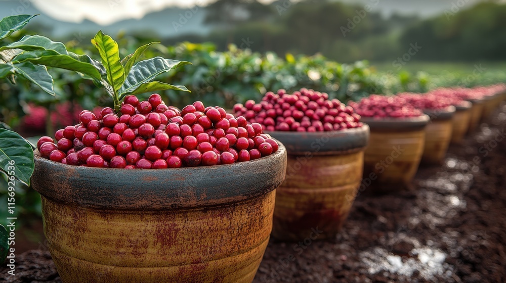 Ripe red coffee cherries in clay pots on a plantation. Ripe red coffee cherries in clay pots on a plantation.