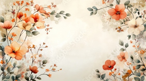 Fototapeta Naklejka Na Ścianę i Meble -  Watercolor floral border design with peach and orange flowers on beige background.