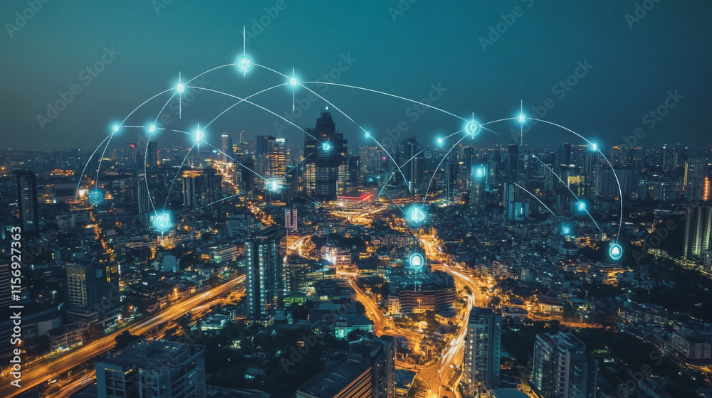 Fototapeta premium Smart digital Innovation city with connection network reciprocity over the cityscape. of future smart wireless digital city and social media networking systems that connects people with in city