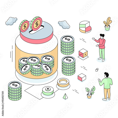 Dollar insider glass bottle, isometric design of money jar
