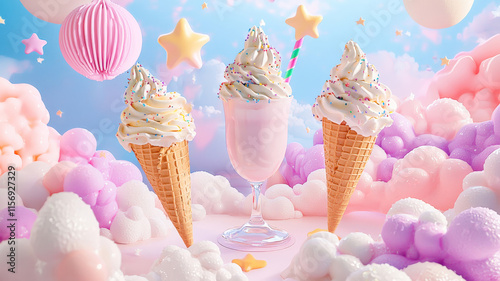 Whimsical surreal scene: floating ice cream, milkshakes, pastel clouds, stars. Dreamy, playful background for dessert designs.