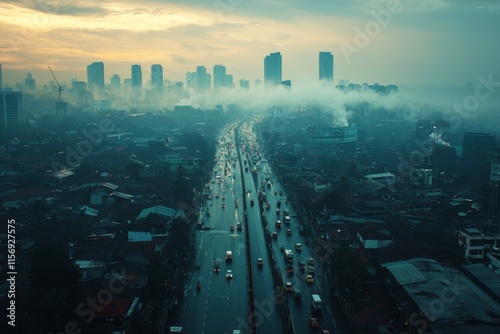 Air pollution in crowded city full of fog and smoke photo