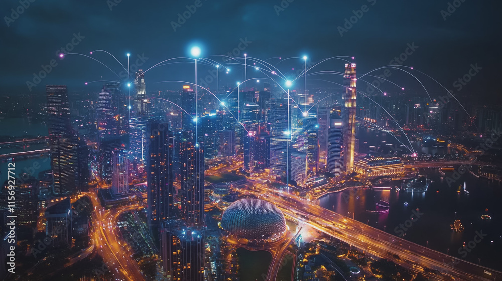 Fototapeta premium Smart digital Innovation city with connection network reciprocity over the cityscape. of future smart wireless digital city and social media networking systems that connects people with in city