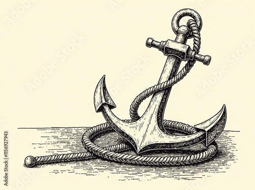 Ship sea anchor and rope in vintage engraving style. Sketch hand drawn vector illustration