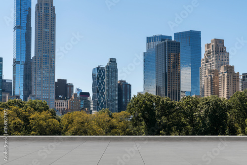 Skyscrapers Cityscape Downtown, New York Skyline Buildings. Beautiful Real Estate. Day time. Empty rooftop View. Success concept.