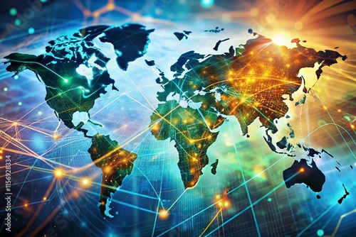 Global Communication Network: Double Exposure of World Map and Digital Signals