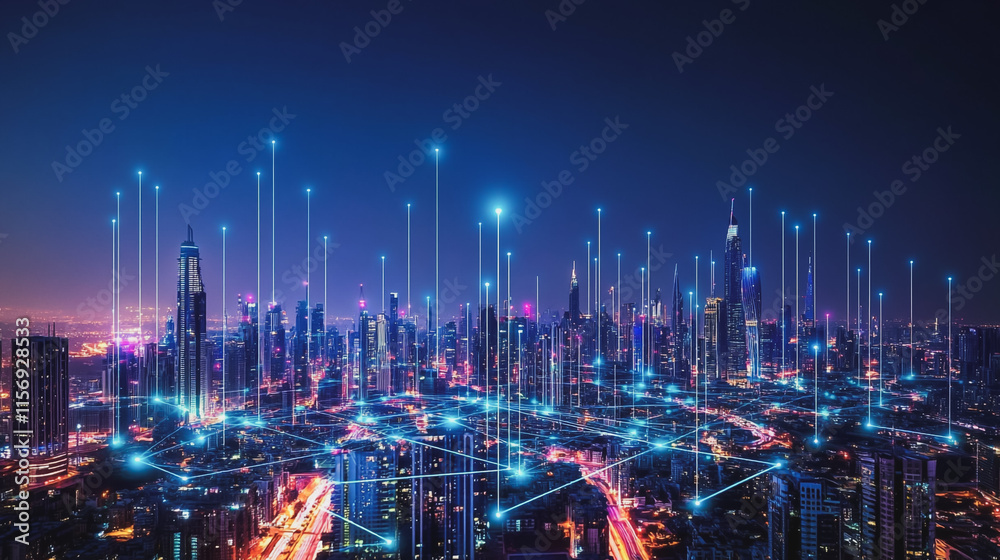 Fototapeta premium Smart digital Innovation city with connection network reciprocity over the cityscape. of future smart wireless digital city and social media networking systems that connects people with in city