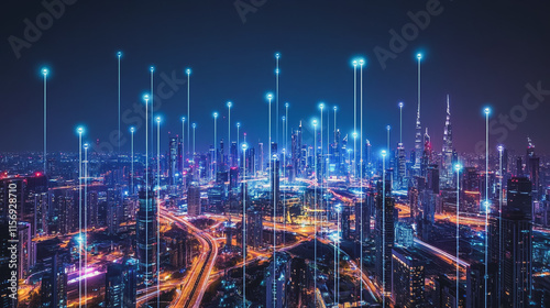 Wallpaper Mural Smart digital Innovation city with connection network reciprocity over the cityscape. of future smart wireless digital city and social media networking systems that connects people with in city Torontodigital.ca