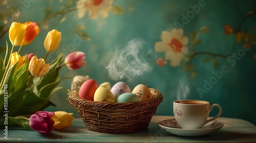 Warm Easter Eggs Nestled in Spring Tulips Photo: Vibrant Close-Up. AI Generated