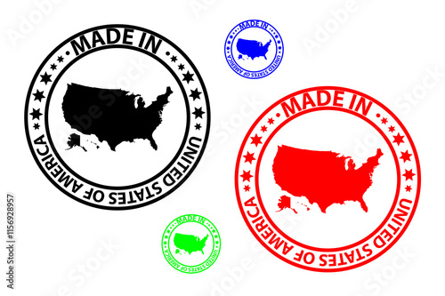 Made in USA stamp - vector, United States of America map pattern - black, blue, green and red