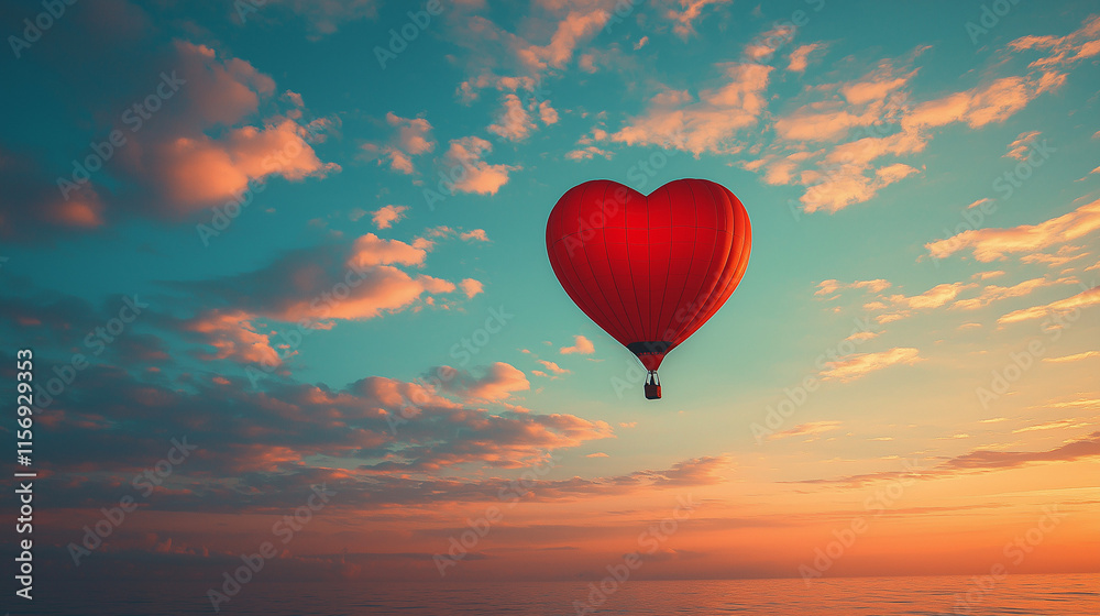 Fototapeta premium red heart color hot air balloon in sky at sunset time background , love concept