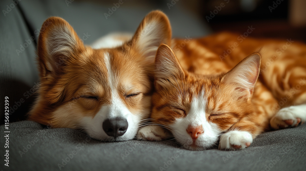 Cat and dog sleeping together. Kitten and puppy taking nap. Home pets. Animal care. Love and friendship. Cat and dog sleeping together. Kitten and puppy taking nap. Home pets. Animal care. Love and friendship.