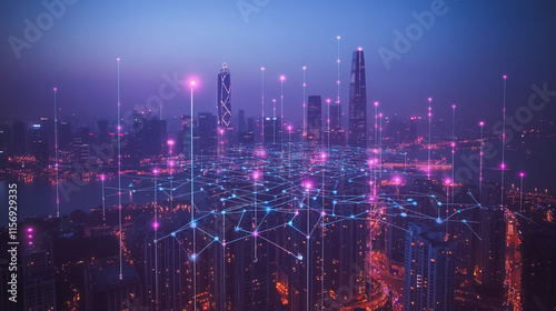 Smart digital Innovation city with connection network reciprocity over the cityscape. of future smart wireless digital city and social media networking systems that connects people with in city