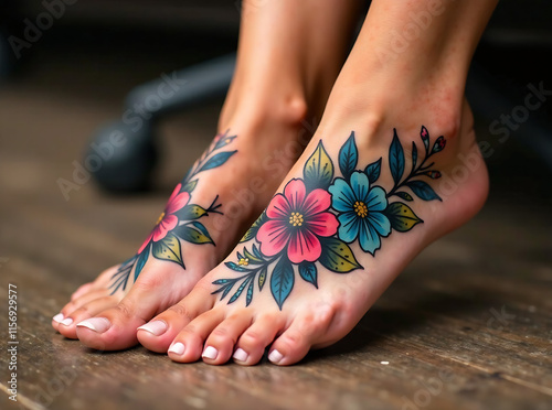 A woman's feet are decorated with a colorful floral tattoo. The flowers are arranged in a wavy pattern, and the colors are bright and vibrant. The tattoo gives the impression of a lively, energetic