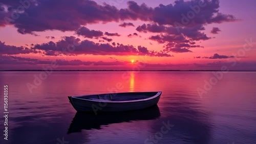 Sunset over calm water with a solitary boat casting reflections at dusk