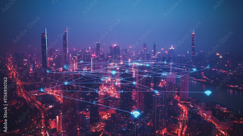 Fototapeta premium Smart digital Innovation city with connection network reciprocity over the cityscape. of future smart wireless digital city and social media networking systems that connects people with in city