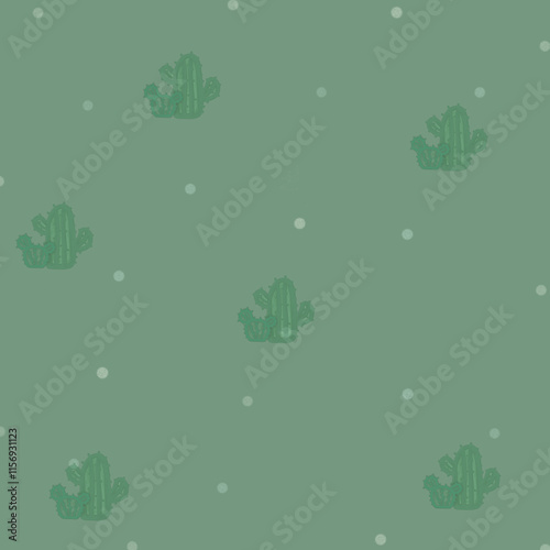 Seamless pattern of cactus hand drawn on green background 