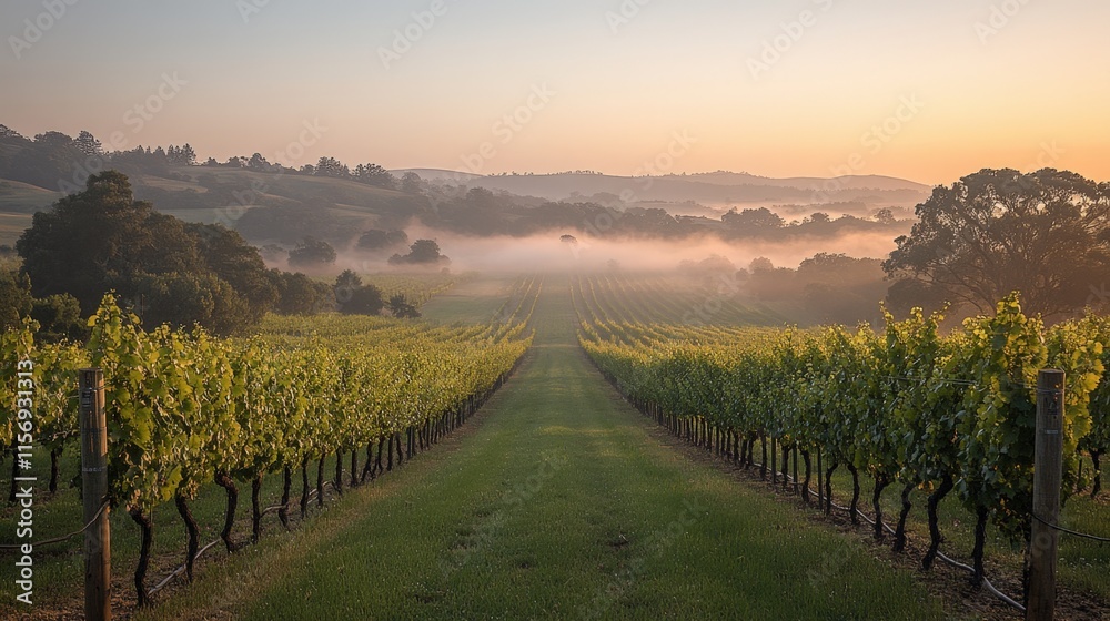 Naklejka premium Misty sunrise over vineyard rows.