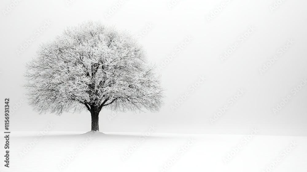 Obraz premium A solitary tree covered in snow in a minimalistic winter landscape.